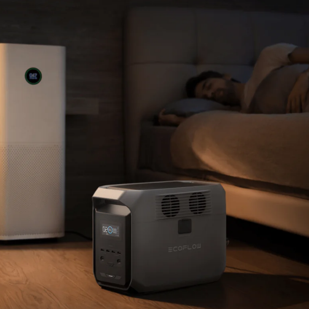 Ecopow air purifier on a wooden floor with a person sleeping in the background