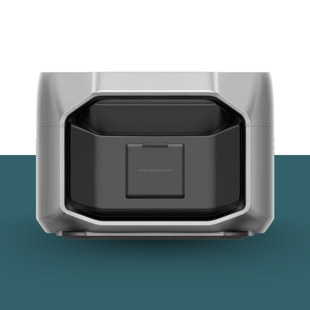 Gray and black battery pack on a white and blue gradient background