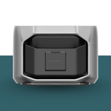 Gray and black battery pack on a white and blue gradient background