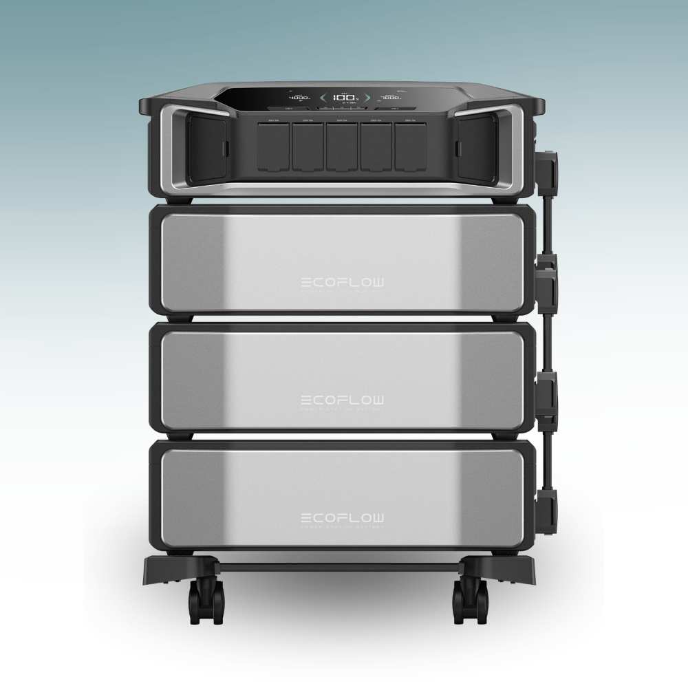 Stack of EcoFlow devices on a gradient background