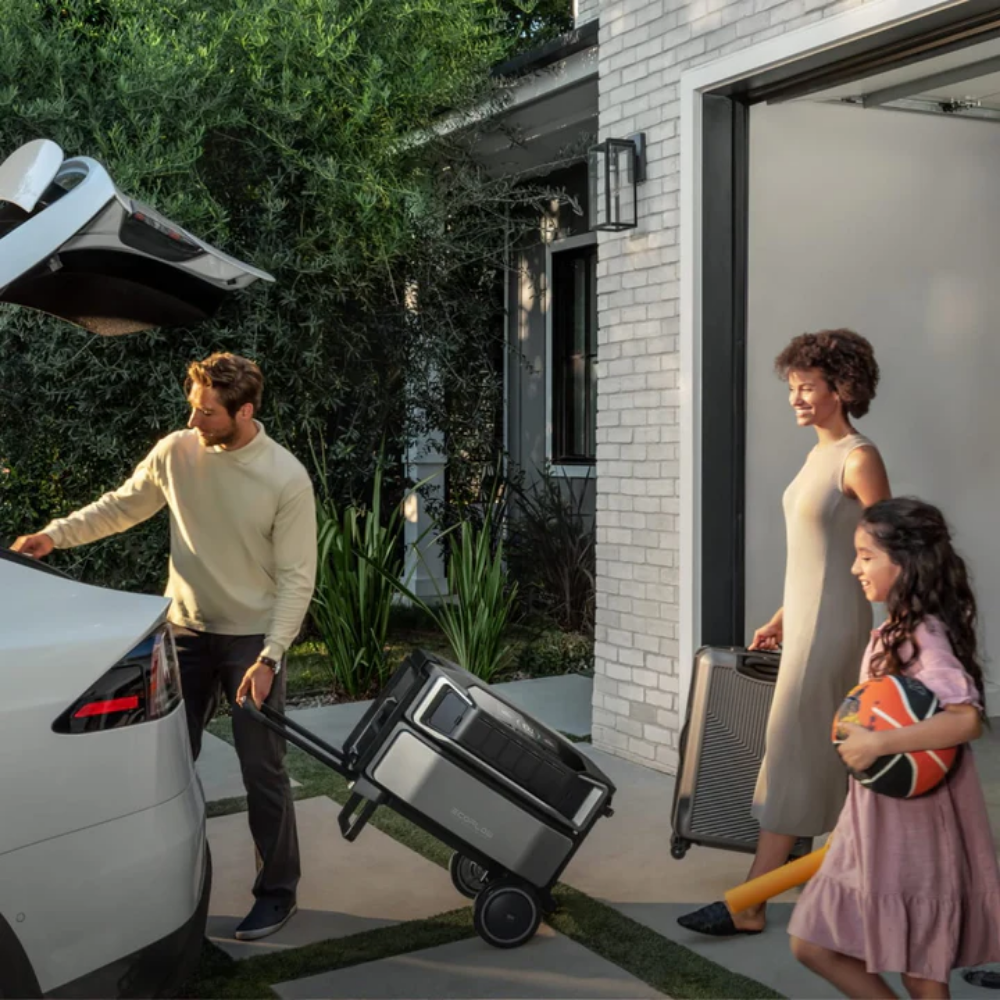 Family preparing to leave with luggage, standing near a modern house.