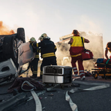 Emergency responders at a car accident scene with debris and smoke.