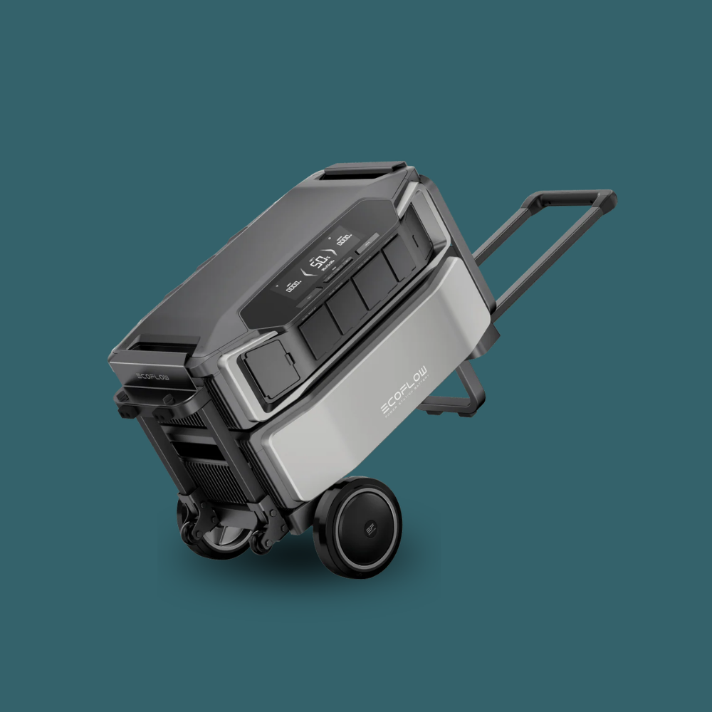 Portable power station  unit with wheels on a teal background