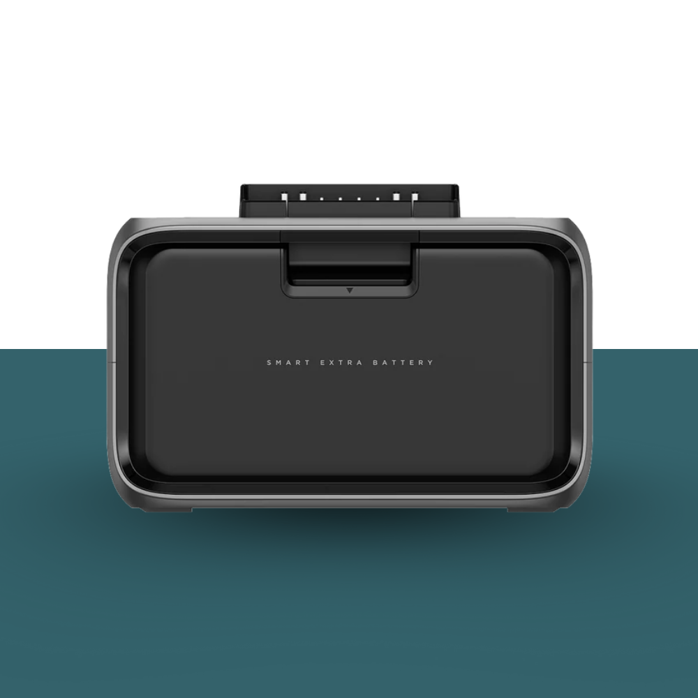 Black smart extra battery on a white and teal background