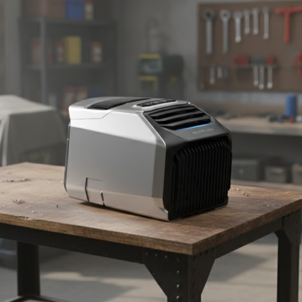 EcoFlow Wave 2 Portable Air Conditioner on a wooden table with a workshop background
