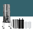 Stainless steel water filtration system with additional filters on a white background