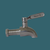 Metal faucet with a handle on a dark green background