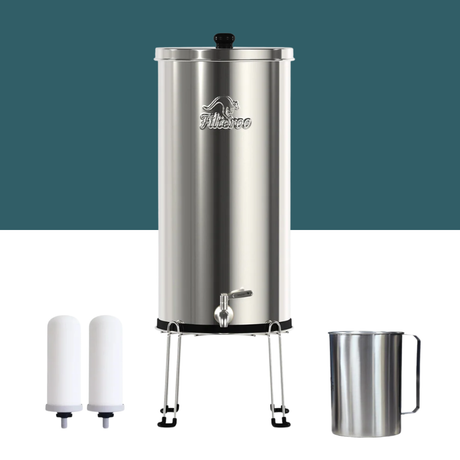 Filteroo® Superoo Stainless Steel Fluoride Filter System with accessories on a white background