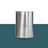 Stainless steel cup with Filteroo logo on a green and white background
