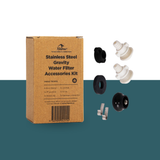 Stainless Steel Gravity Water Filter Accessories Kit with packaging and components on a white background