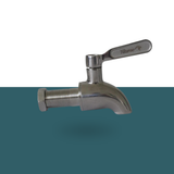 Chrome faucet with a visible brand logo on a white and teal gradient background