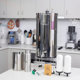 Filteroo® Superoo Stainless Steel Fluoride Filter System with accessories on a kitchen counter