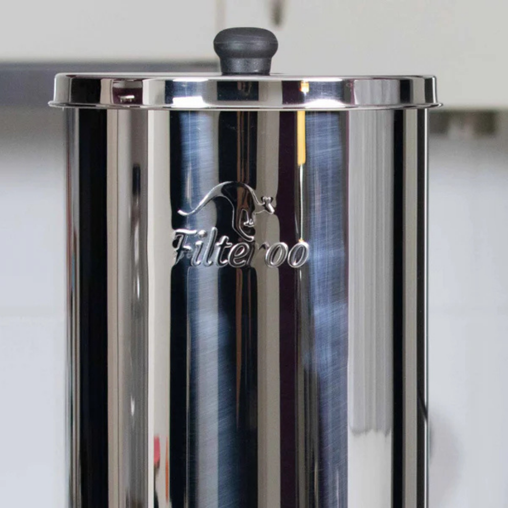 Stainless steel coffee filter with 'Filteroo' branding on a white background