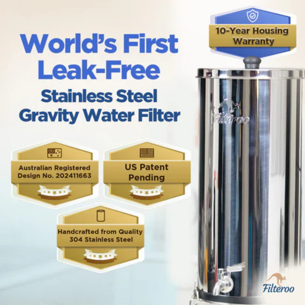 Stainless steel gravity water filter with certification badges and branding on a light blue background