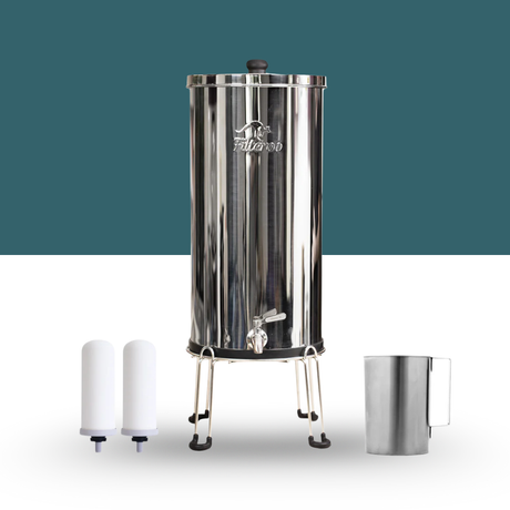 Stainless steel brewing vessel with a visible brand logo on a white background