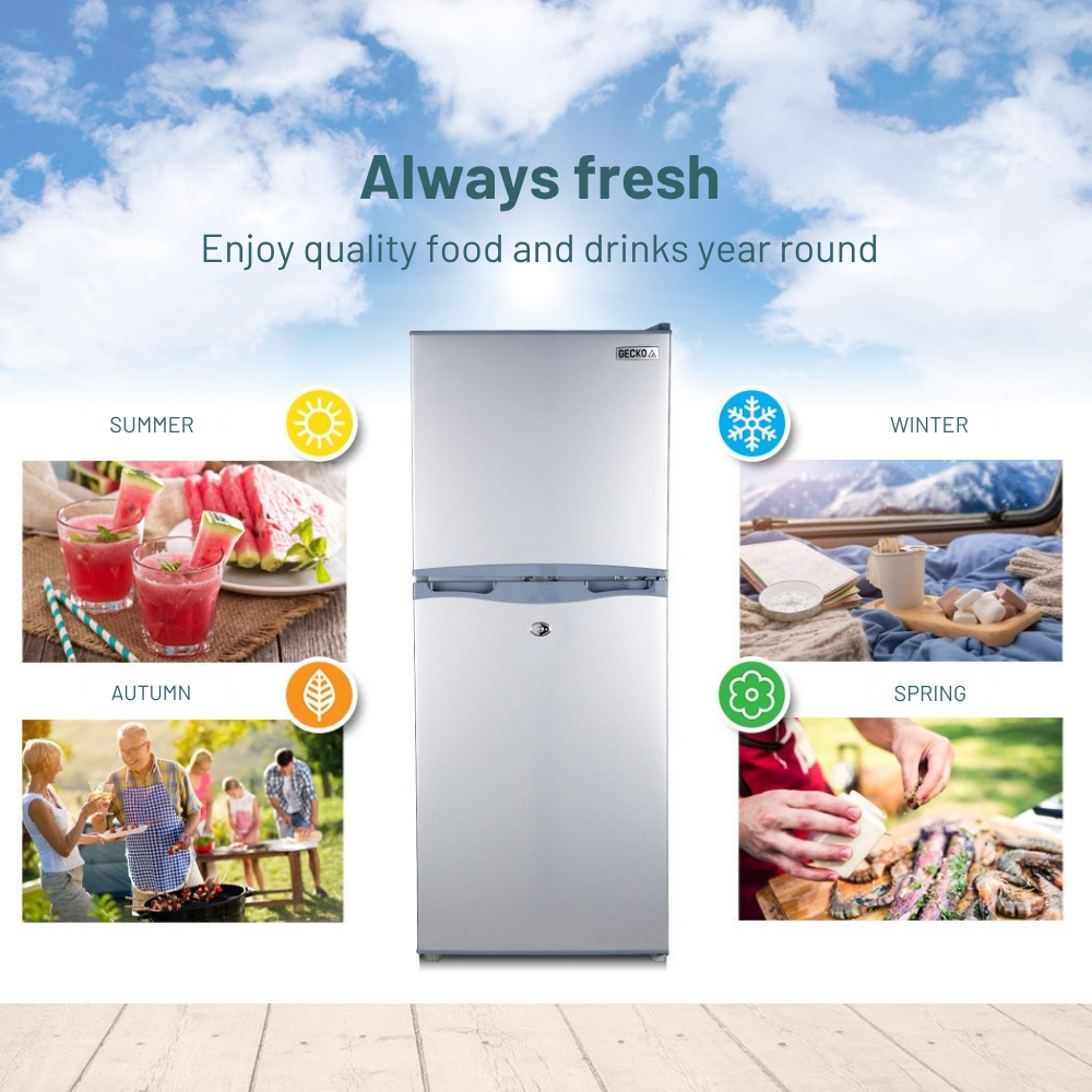 GECKO 125L 12V/24V Portable Upright Fridge Freezer with lifestyle images and weather icons on a blue sky background