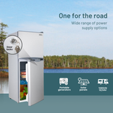 GECKO 125L 12V/24V Portable Upright Fridge Freezer with power supply options on a scenic background
