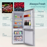 Diagram of a refrigerator with labeled compartments and food items inside.