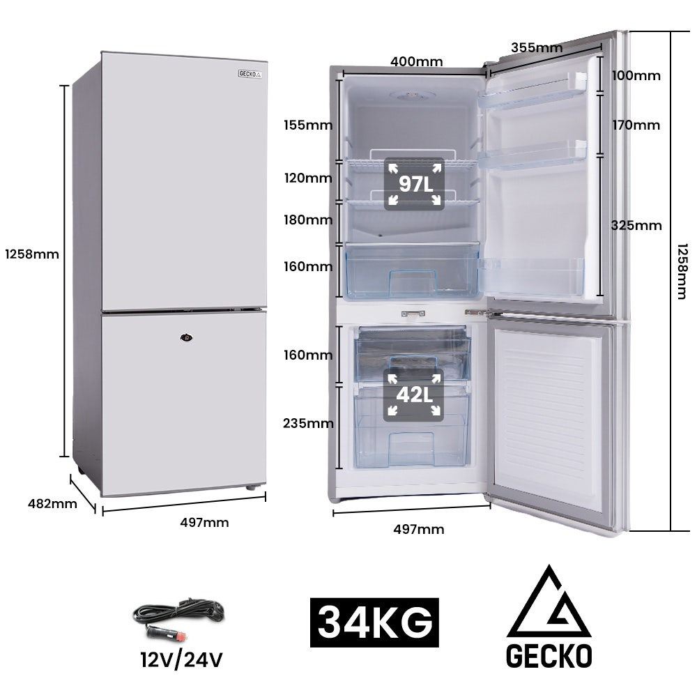 GECKO refrigerator with dimensions and specifications on a white background