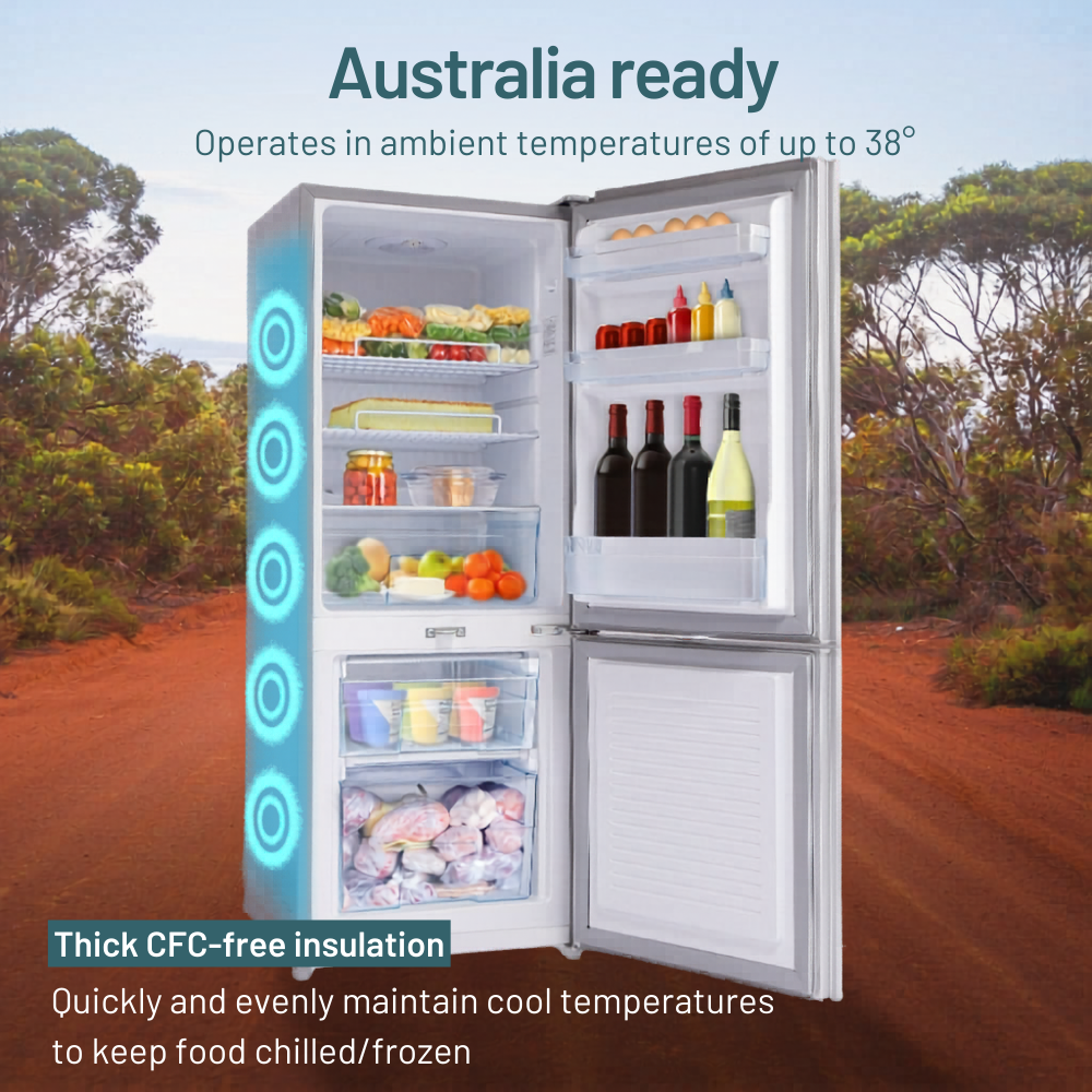 Open refrigerator with food items in a natural setting, highlighting features like CFC-free insulation.