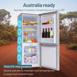 Open refrigerator with food items in a natural setting, highlighting features like CFC-free insulation.