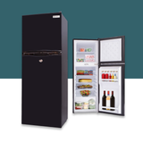 GECKO 142L 12V/24V Portable Upright Fridge Freezer with open door showing interior contents on a white background