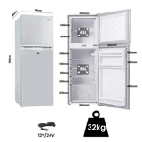Measurement chart of a refrigerator with dimensions and weight displayed.