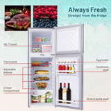 Diagram of a refrigerator with labeled compartments and food items inside, set against a light blue background.