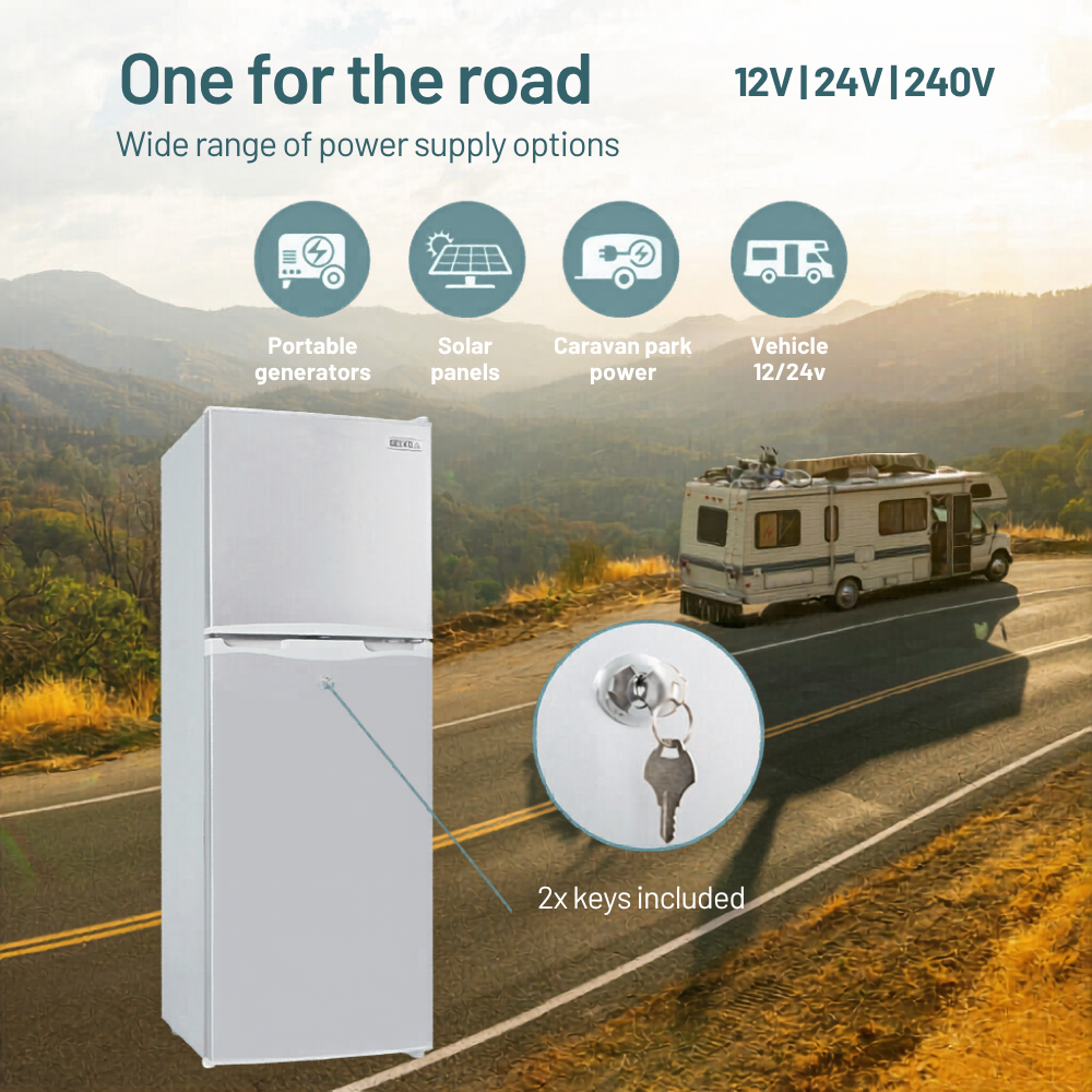 Fridge with power supply options on a scenic road background