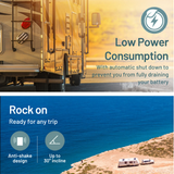 Advertisement for an RV with text about low power consumption and features like anti-shake design.