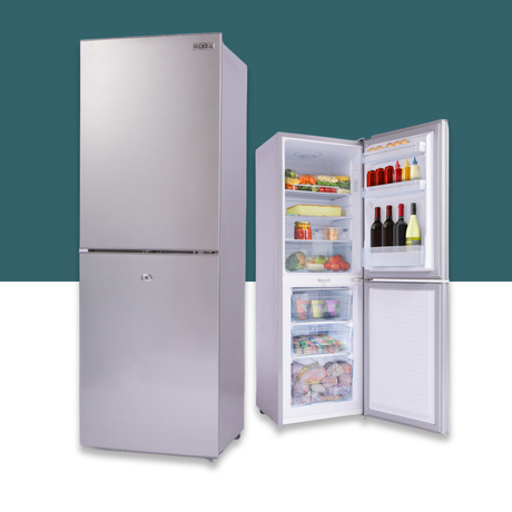 GECKO 160L 12V/24V Portable Upright Fridge Freezer  with open door showing contents on a white background