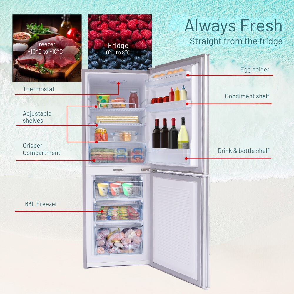 Diagram of a refrigerator with labeled compartments and food items inside, on a light blue background.