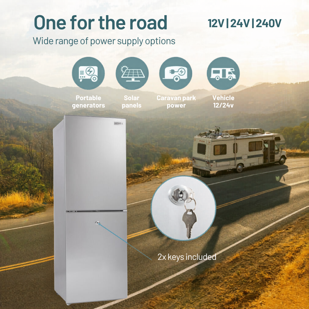 GECKO 160L 12V/24V Portable Upright Fridge Freezer  with power supply options on a scenic road background