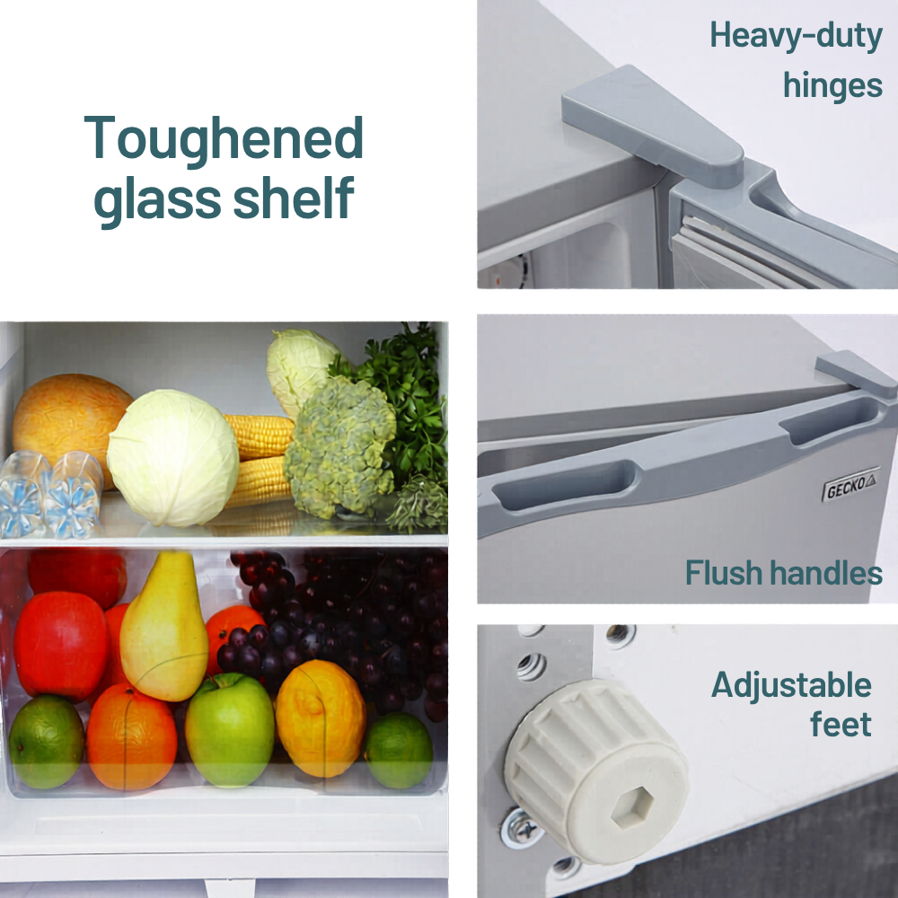 Collage of a refrigerator with features highlighted, including a toughened glass shelf, heavy-duty hinges, flush handles, and adjustable feet.