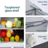 Collage of a refrigerator with features highlighted, including a toughened glass shelf, heavy-duty hinges, flush handles, and adjustable feet.
