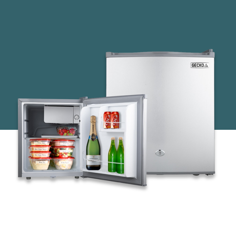 GECKO 57L 12V/24V Portable Fridge With  Freezer  with open door showing drinks and food on a white background