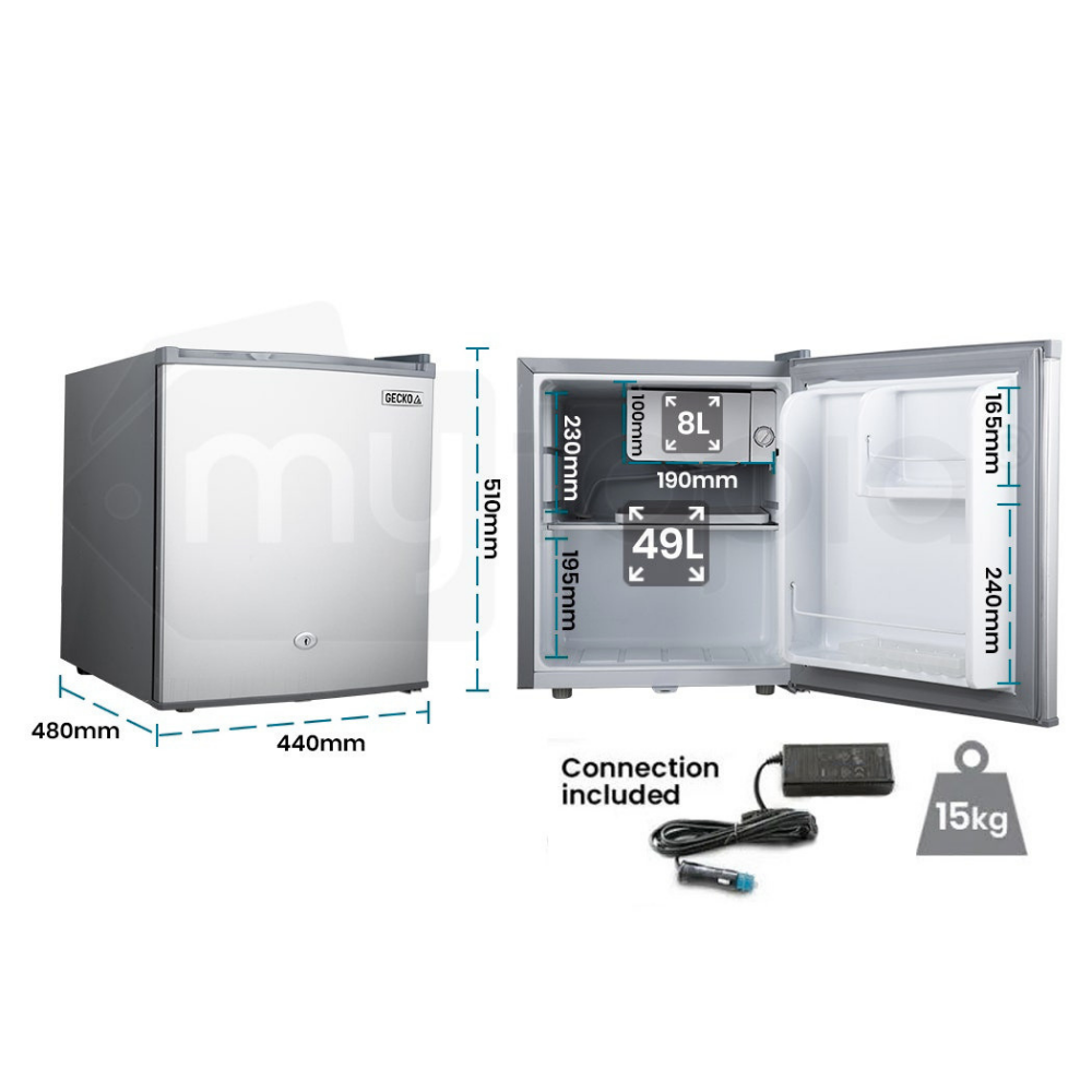 Small refrigerator with dimensions and features displayed on a white background