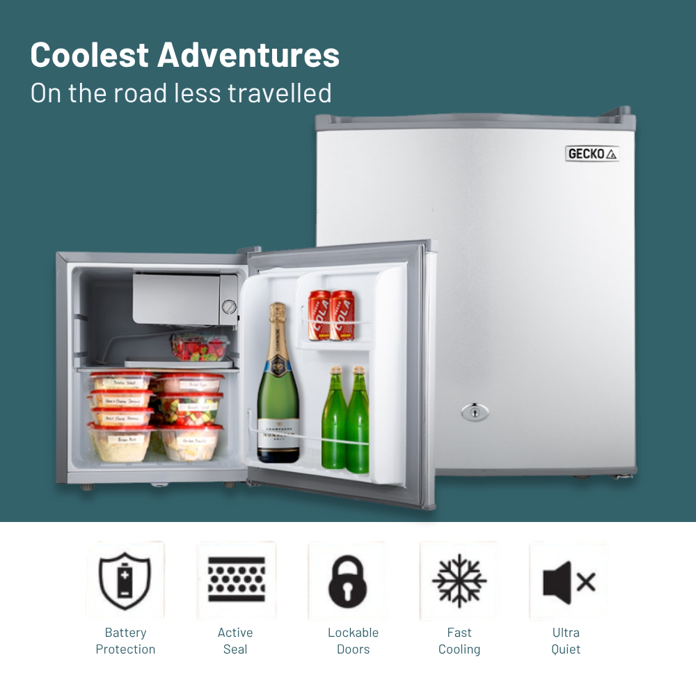 GECKO 57L 12V/24V Portable Fridge With  Freezer  with open door showing drinks on a teal background, featuring the brand 'Gecko'.