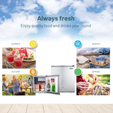 Advertisement for a refrigerator with images of people enjoying food and drinks in different seasons.