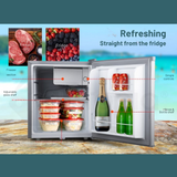 Mini refrigerator with open door displaying food items and drinks on a blurred outdoor background.