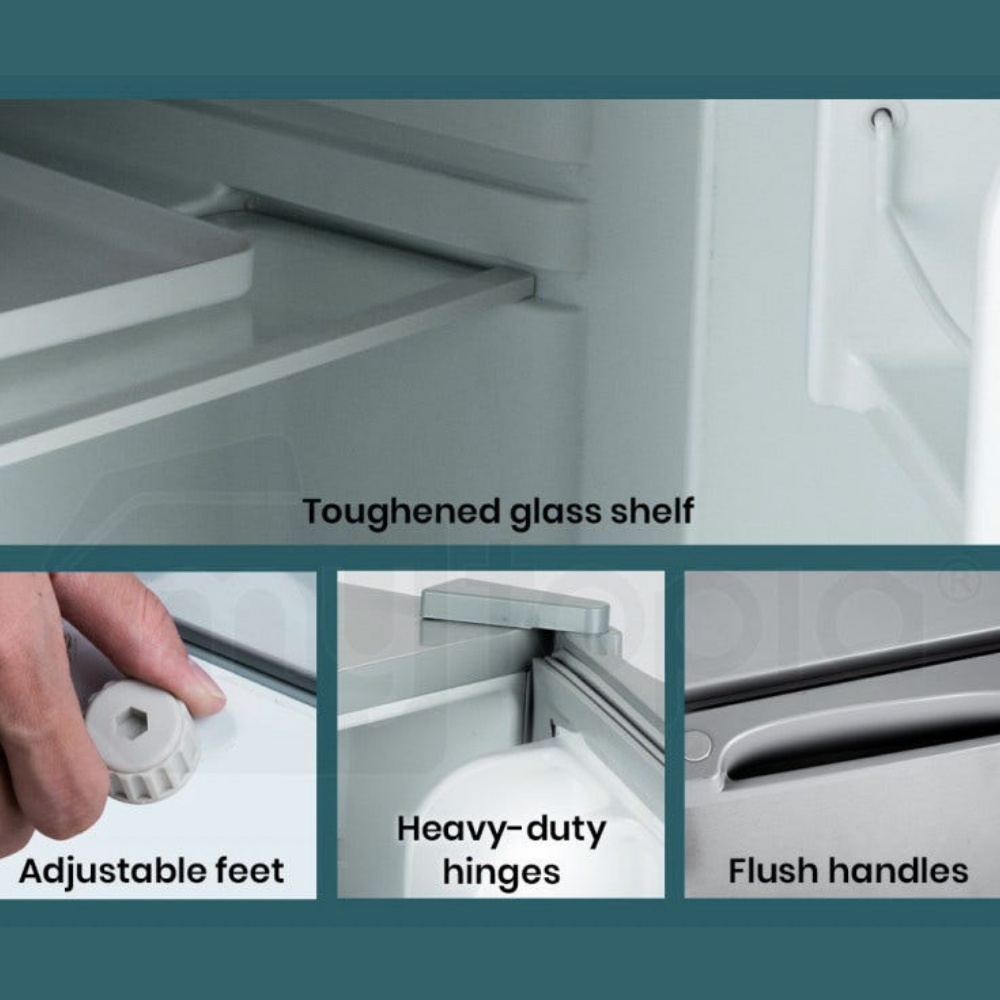 Collage of features including toughened glass shelf, adjustable feet, heavy-duty hinges, and flush handles on a refrigerator.