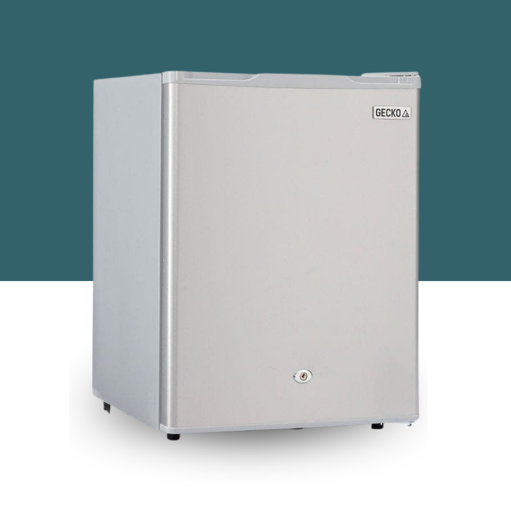 GECKO 70L 12V/24V  Portable Upright Fridge Freezer on Teal and White Background