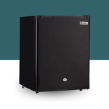 Black refrigerator with 'Gecko' brand logo on a white and teal background