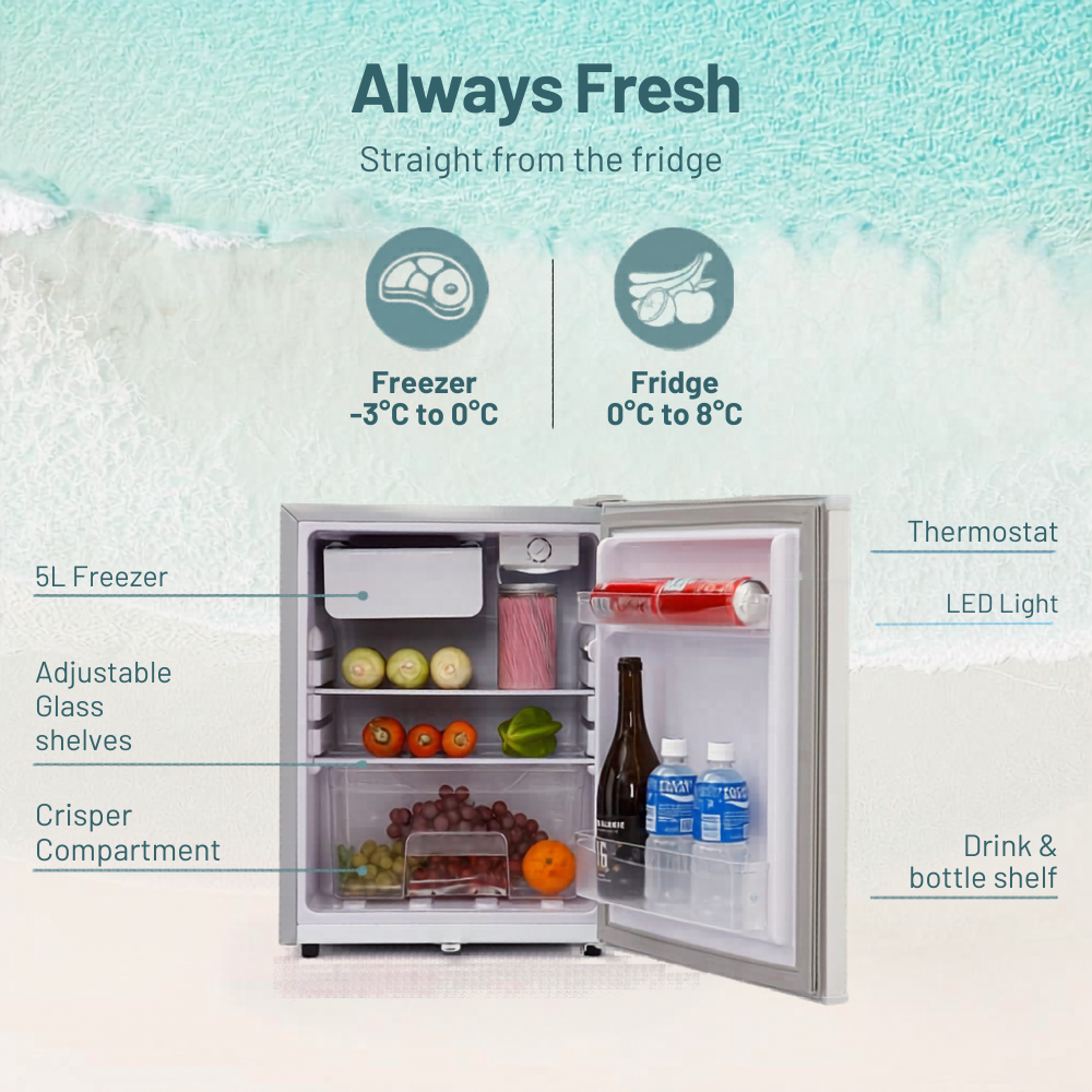 GECKO 70L 12V/24V  Portable Upright Fridge Freezer  with open door showing various items and labeled features on a light blue background.