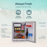 GECKO 70L 12V/24V  Portable Upright Fridge Freezer  with open door showing various items and labeled features on a light blue background.