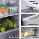 GECKO 70L 12V/24V  Portable Upright Fridge Freezer  with food items and highlighted features like toughened glass shelves, heavy-duty hinges, flush handles, and convenient crisper.