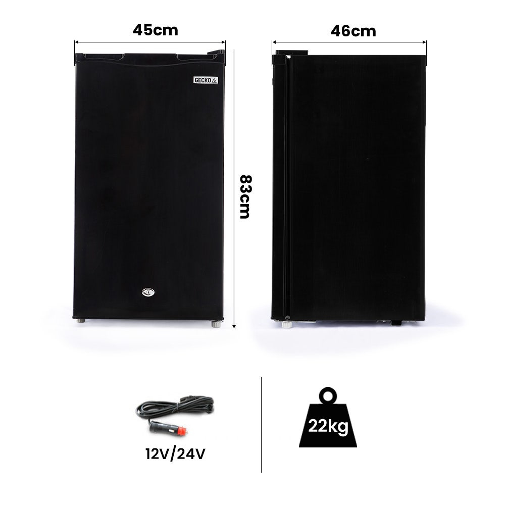 GECKO 95L 12V/24V Portable Upright Fridge With Chiller with dimensions, weight, and power supply details on a white background