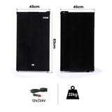 GECKO 95L 12V/24V Portable Upright Fridge With Chiller with dimensions, weight, and power supply details on a white background