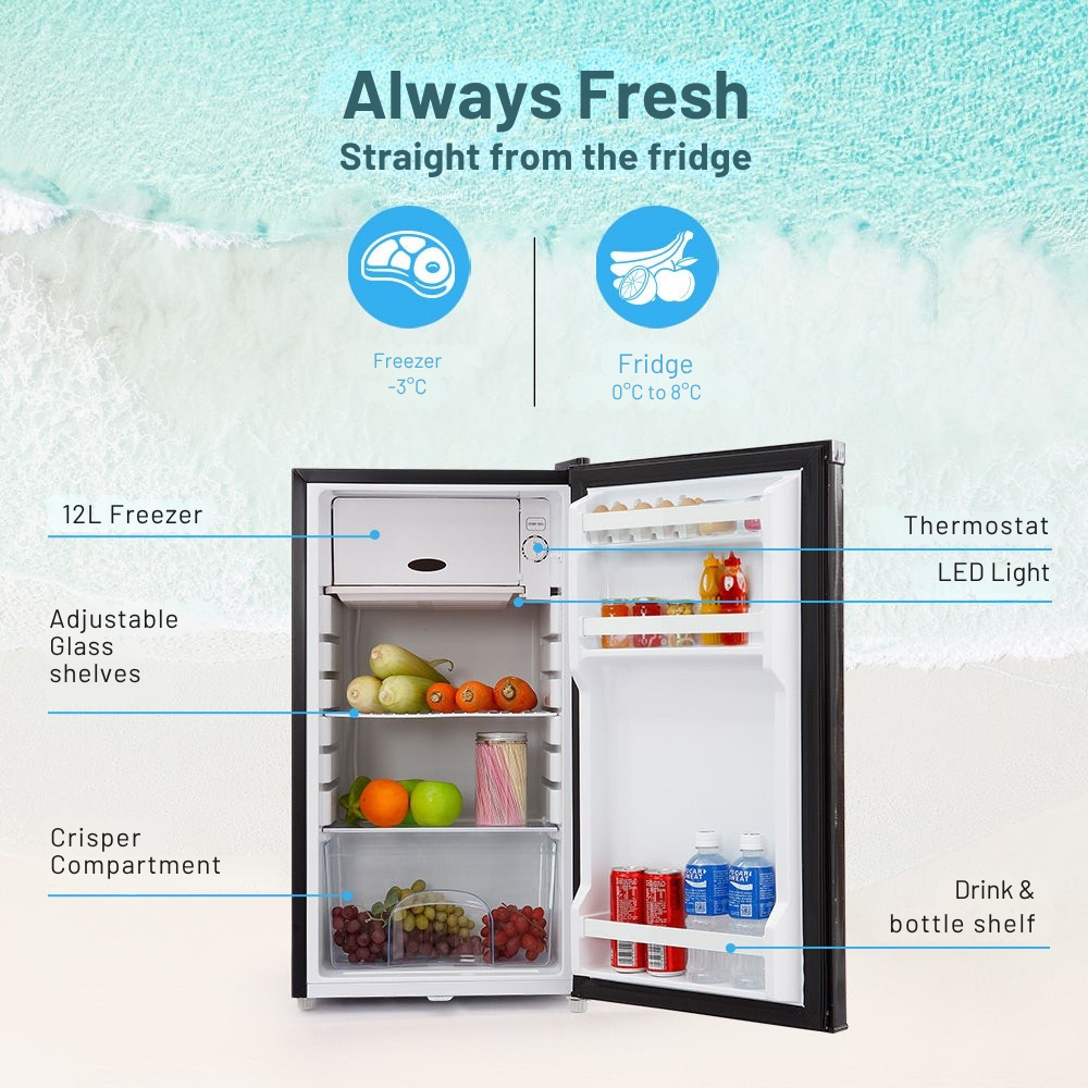 GECKO 95L 12V/24V Portable Upright Fridge With Chiller with labeled features on a light blue background