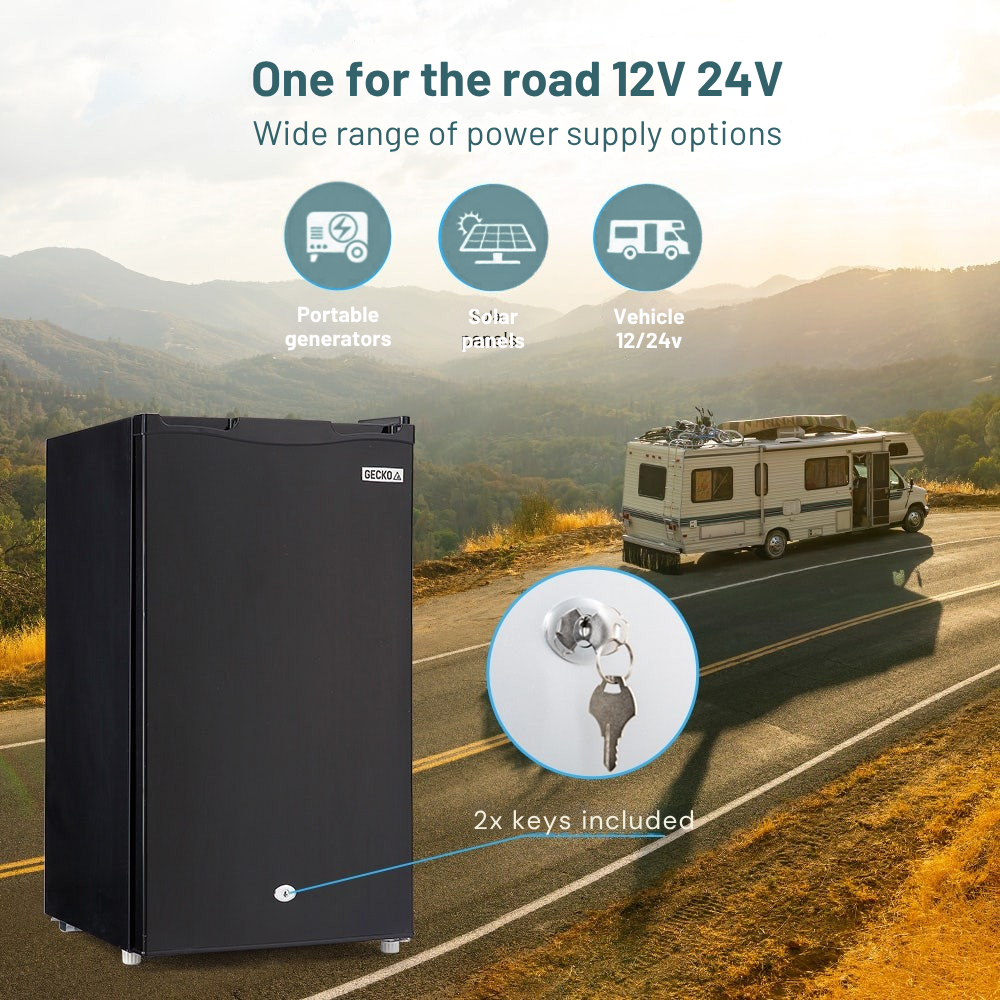 GECKO 95L 12V/24V Portable Upright Fridge With Chiller with power supply options for road trips, including portable generators, solar panels, and vehicle 12/24V.